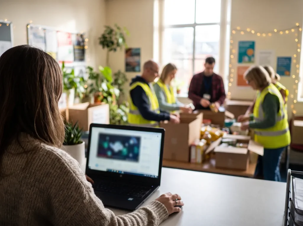 A charity team managing an online fundraising campaign while volunteers pack donations