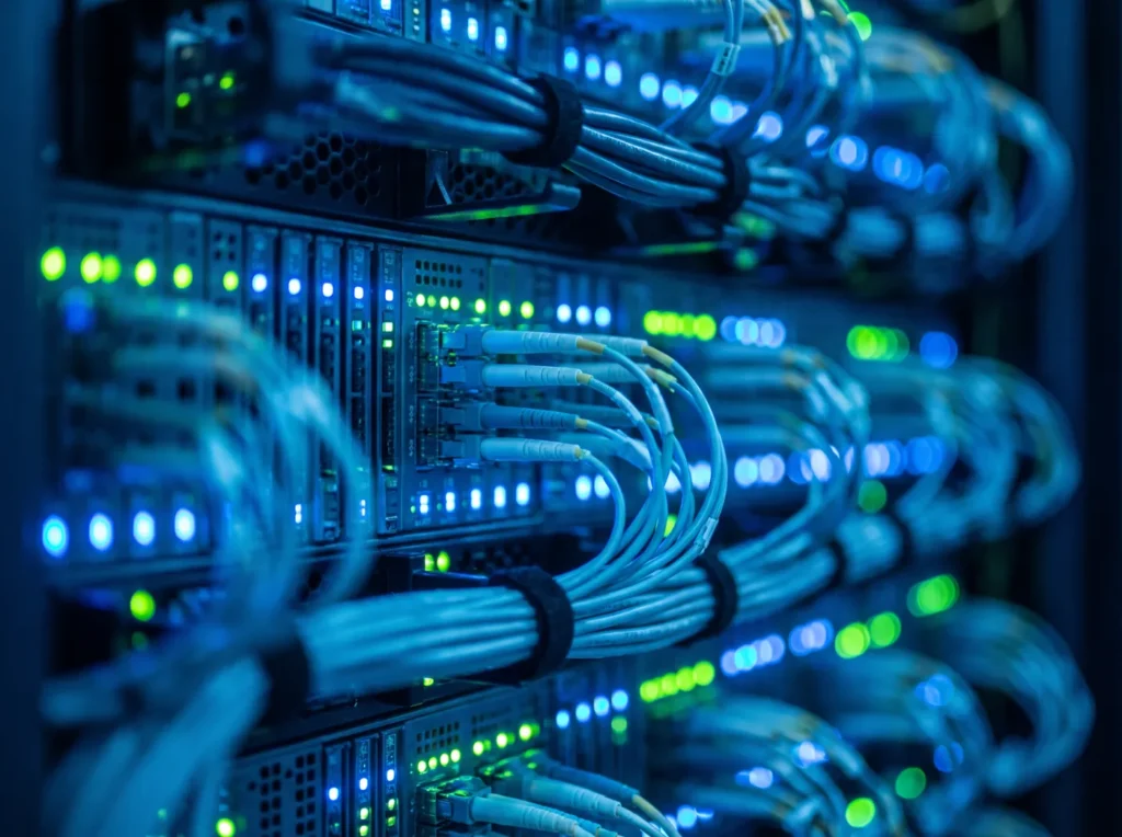 Close-up of rack servers and network cables with status lights