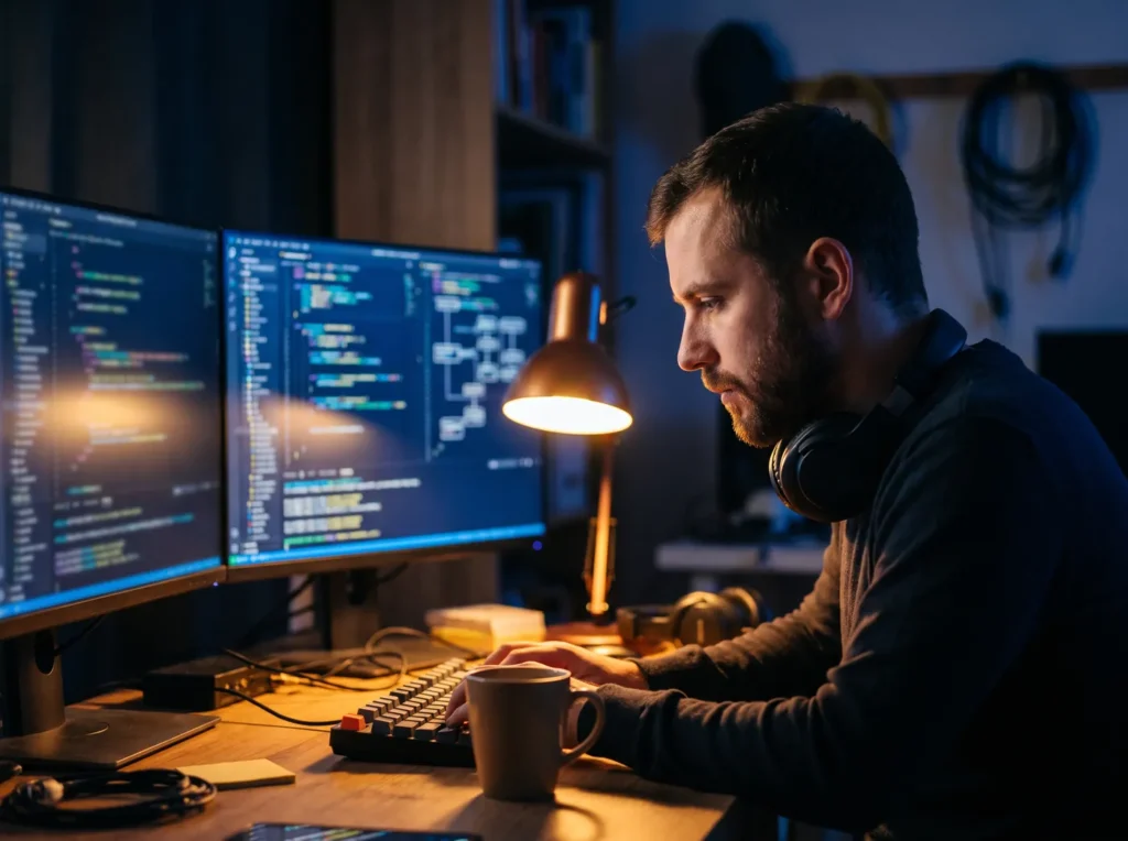 A developer writing WordPress plugin code late in the studio