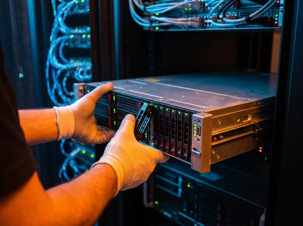 A technician fitting a dedicated server into a data centre rack