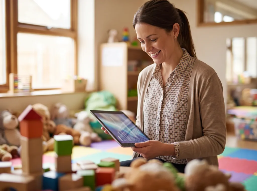A nursery manager reviewing the waiting list on a tablet