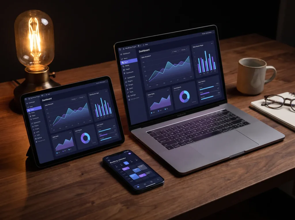 WordPress plugin dashboards on a laptop, tablet and phone