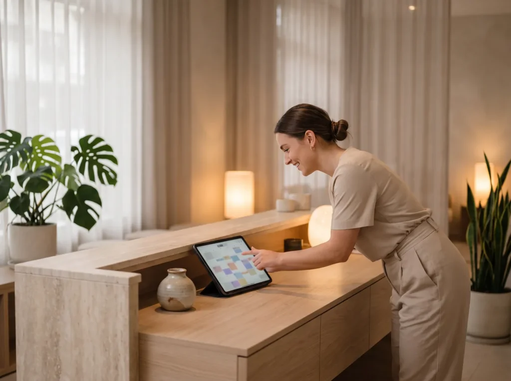 A clinic receptionist confirming an online appointment on a tablet