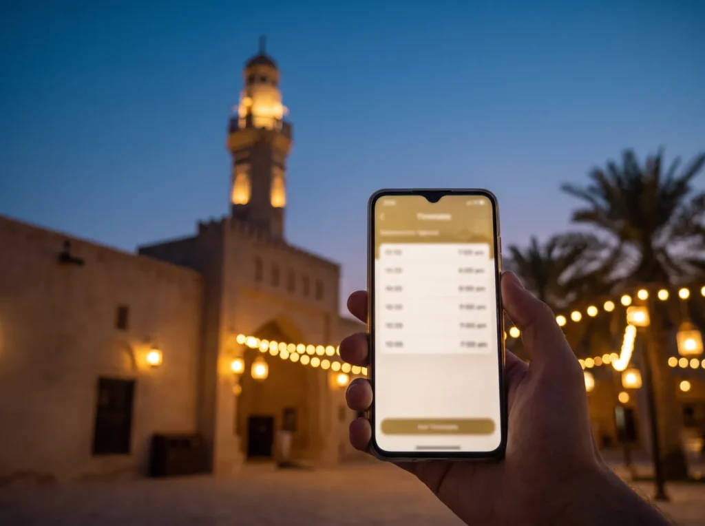 Daily prayer times on a phone in front of a mosque at dusk