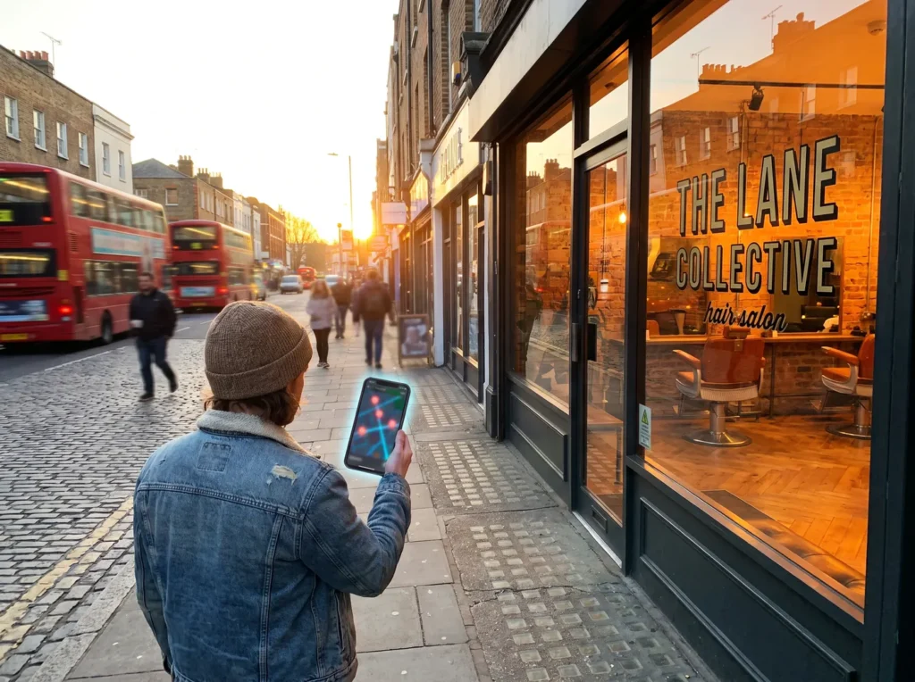 Finding a nearby salon on a phone map outside a high-street salon