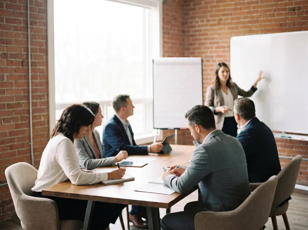 A trainer leading a professional training course for a small group