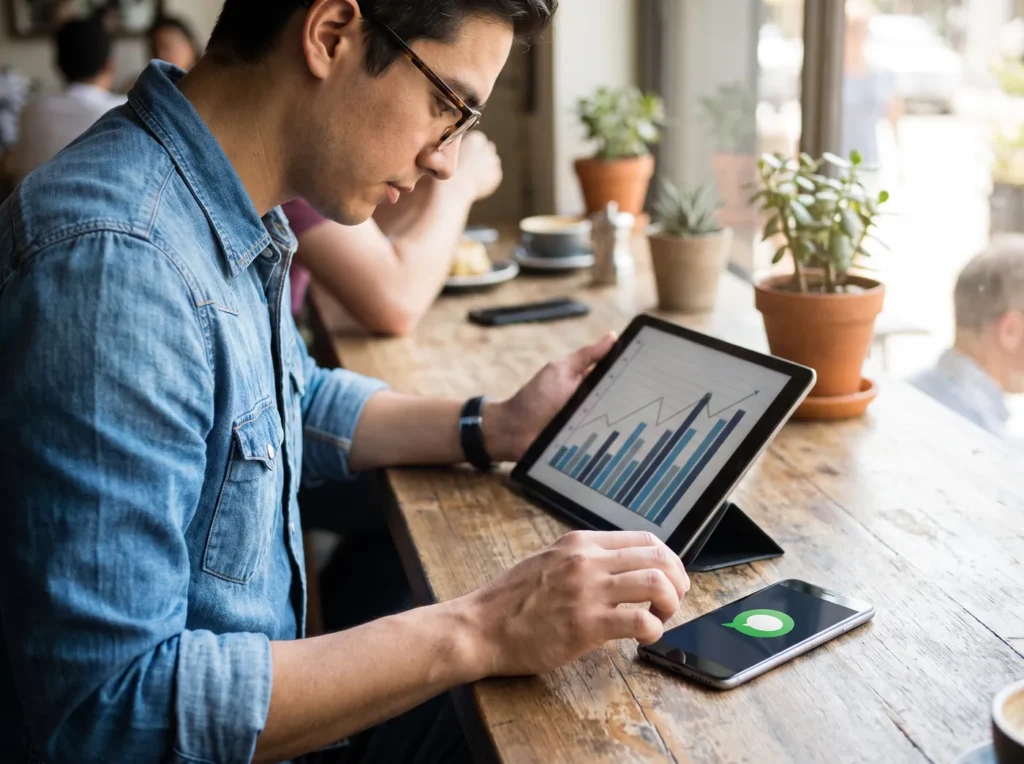 A business owner checking website analytics and enquiries on a tablet