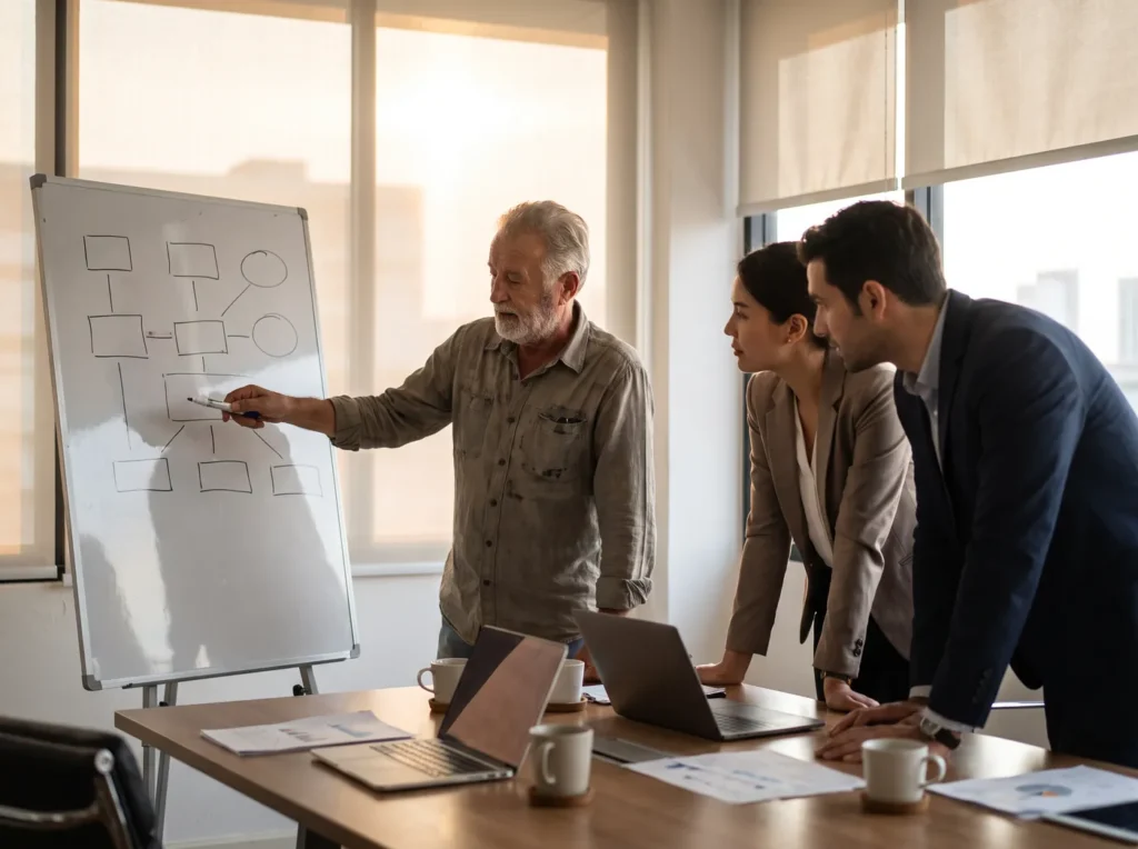 An engineer explaining a system architecture diagram to clients