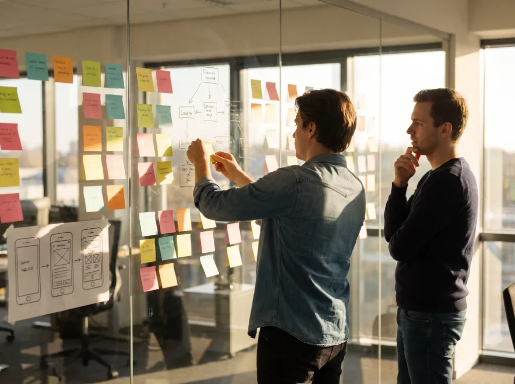Two UX designers mapping a user flow with sticky notes on a glass wall
