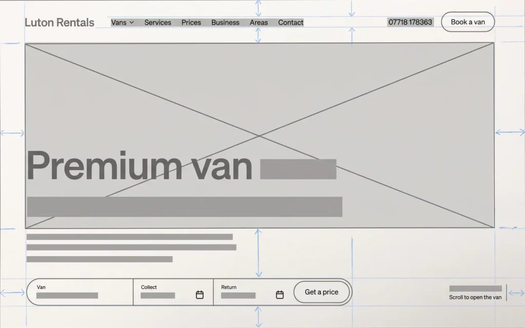 The Luton Rentals home page as a wireframe